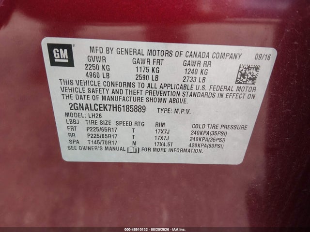 Продаж на аукціоні авто 2017 Chevrolet Equinox Lt, vin: 2GNALCEK7H6185889, номер лоту: 45910132