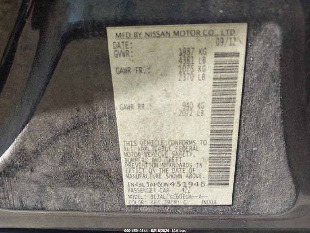 Продажа на аукционе авто 2013 Nissan Altima 3.5 Sv, vin: 1N4BL3AP6DN451946, номер лота: 45910141