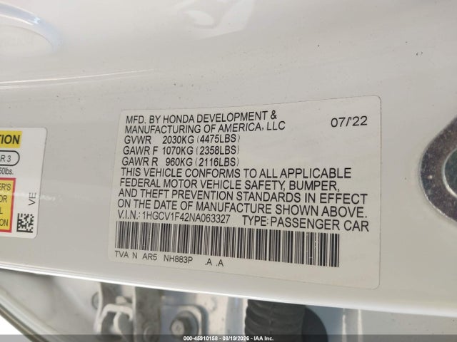 Aukcja sprzedaży 2022 Honda Accord Sport Special Edition, vin: 1HGCV1F42NA063327, numer aukcji: 45910158