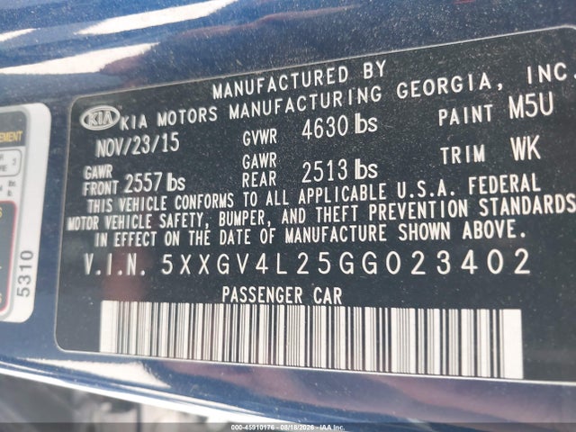 5XXGV4L25GG023402 KIA Optima Sxl Turbo