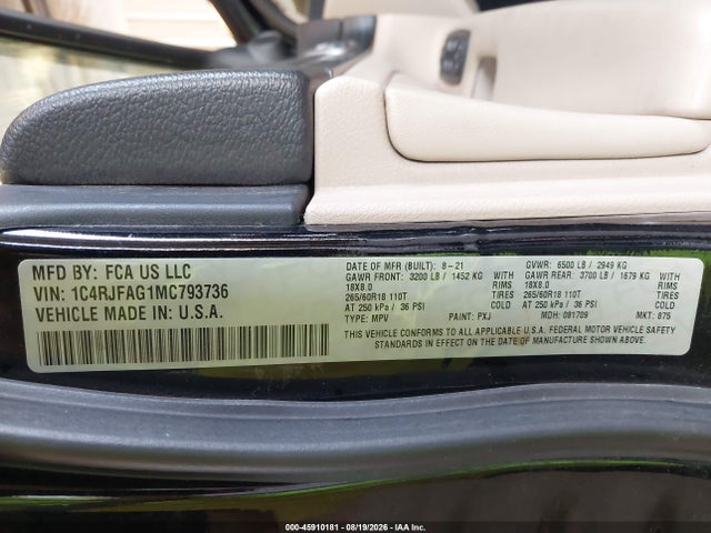 Aukcja sprzedaży 2021 Jeep Grand Cherokee Laredo E 4x4, vin: 1C4RJFAG1MC793736, numer aukcji: 45910181