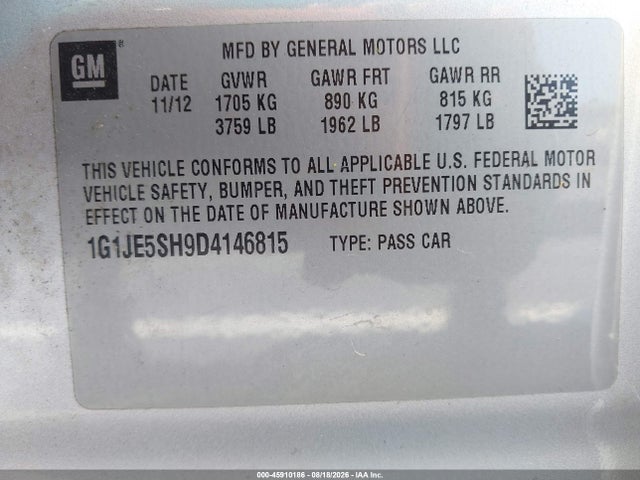 Продажа на аукционе авто 2013 Chevrolet Sonic Ltz Auto, vin: 1G1JE5SH9D4146815, номер лота: 45910186
