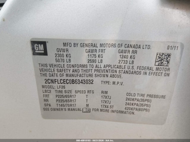 Aukcja sprzedaży 2011 Chevrolet Equinox Ls, vin: 2CNFLCEC0B6343032, numer aukcji: 45910193