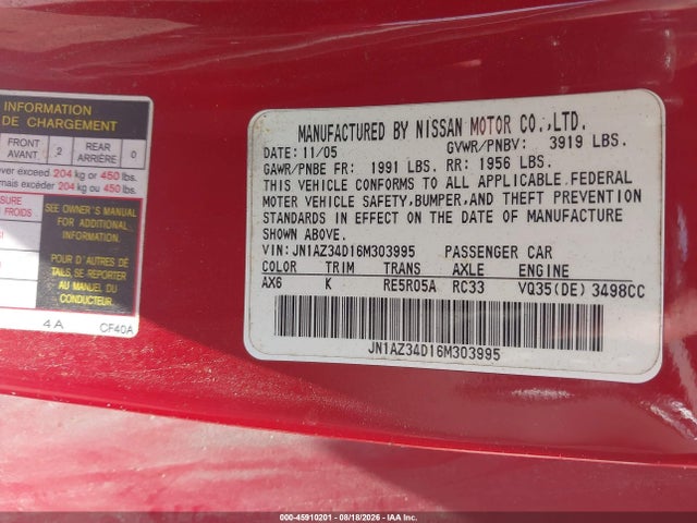 Продажа на аукционе авто 2006 Nissan 350z Touring, vin: JN1AZ34D16M303995, номер лота: 45910201