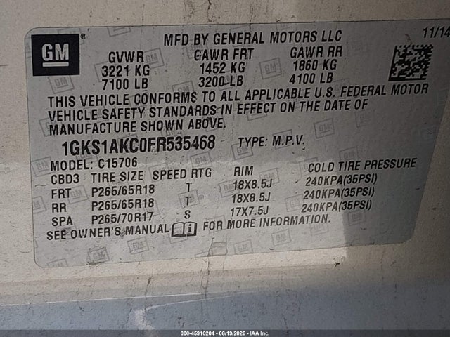 2015 Gmc Yukon Sle მანქანა იყიდება აუქციონზე, vin: 1GKS1AKC0FR535468, აუქციონის ნომერი: 45910204