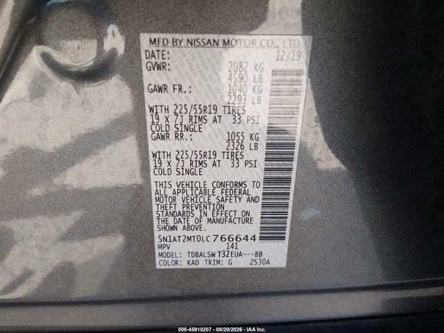 Продажа на аукционе авто 2020 Nissan Rogue Sl Fwd, vin: 5N1AT2MT0LC766644, номер лота: 45910207