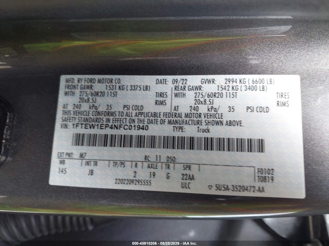 45910206 :رقم المزاد ، 1FTEW1EP4NFC01940 vin ، 2022 Ford F-150 Xl مزاد بيع