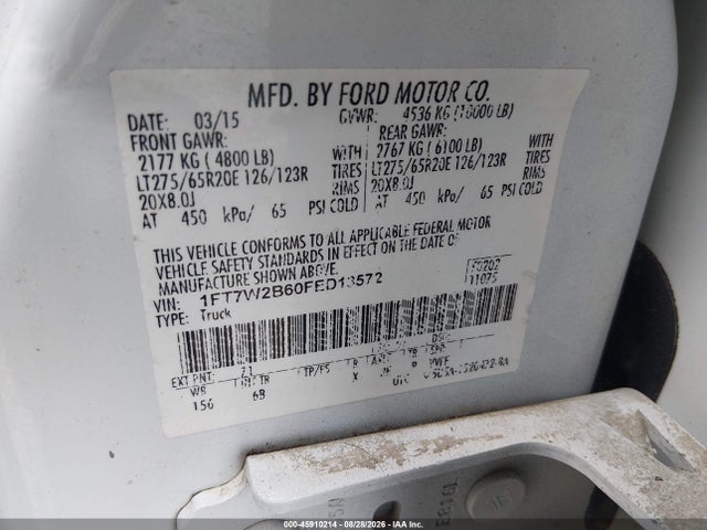 2015 Ford F-250 Lariat მანქანა იყიდება აუქციონზე, vin: 1FT7W2B60FED13572, აუქციონის ნომერი: 45910214