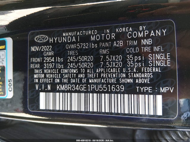 45910219 :رقم المزاد ، KM8R34GE1PU551639 vin ، 2023 Hyundai Palisade Xrt مزاد بيع