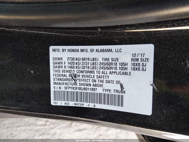 Honda Ridgeline Black Edition 2018 5FPYK3F88JB011897 Image 9