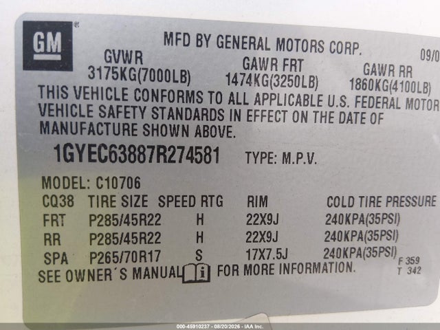 Aukcja sprzedaży 2007 Cadillac Escalade, vin: 1GYEC63887R274581, numer aukcji: 45910237