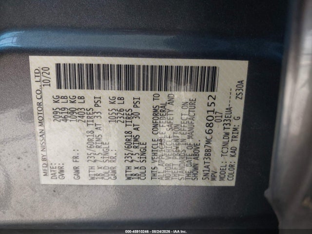 45910246 :رقم المزاد ، 5N1AT3BB7MC680152 vin ، 2021 Nissan Rogue Sv Intelligent Awd مزاد بيع