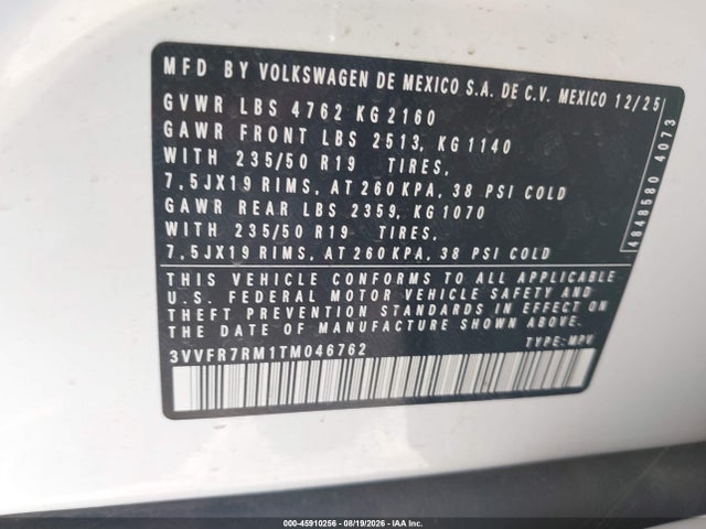 45910256 :رقم المزاد ، 3VVFR7RM1TM046762 vin ، 2026 Volkswagen Tiguan Se مزاد بيع