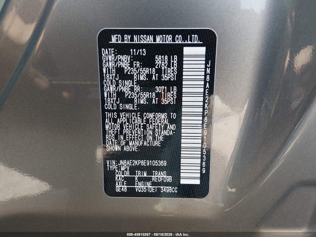 2014 Nissan Quest Le მანქანა იყიდება აუქციონზე, vin: JN8AE2KP8E9105369, აუქციონის ნომერი: 45910267