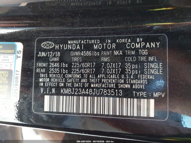 Aukcja sprzedaży 2018 Hyundai Tucson Se, vin: KM8J23A48JU783513, numer aukcji: 45910284