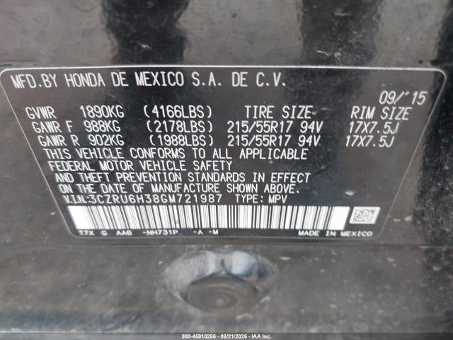 2016 Honda Hr-v Lx მანქანა იყიდება აუქციონზე, vin: 3CZRU6H38GM721987, აუქციონის ნომერი: 45910286