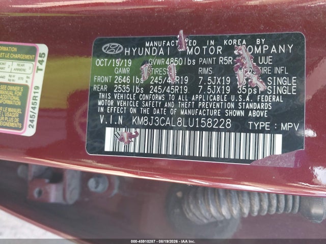 Продажа на аукционе авто 2020 Hyundai Tucson Sport, vin: KM8J3CAL8LU158228, номер лота: 45910287