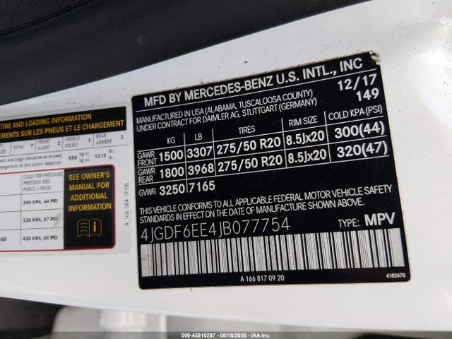Aukcja sprzedaży 2018 Mercedes-benz Gls 450 4matic, vin: 4JGDF6EE4JB077754, numer aukcji: 45910297