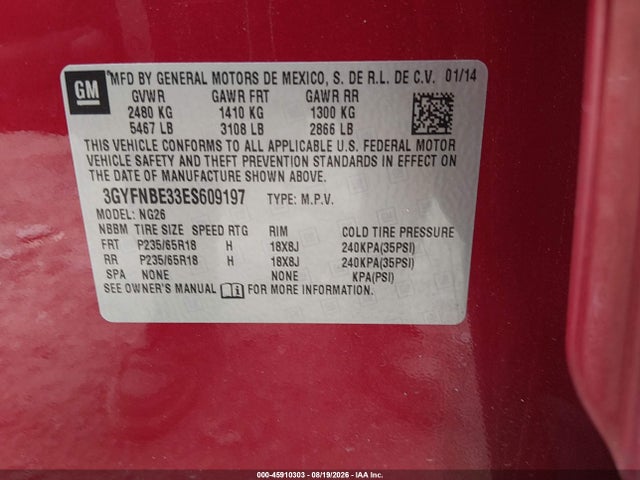 45910303 :رقم المزاد ، 3GYFNBE33ES609197 vin ، 2014 Cadillac Srx Luxury Collection مزاد بيع