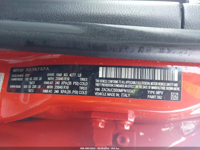 Aukcja sprzedaży 2021 Jeep Renegade Latitude Fwd, vin: ZACNJCBB0MPN10347, numer aukcji: 45910304