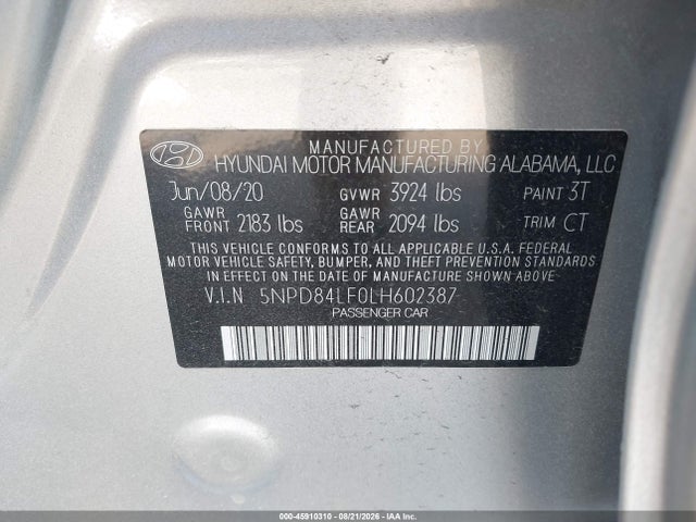 45910310 :رقم المزاد ، 5NPD84LF0LH602387 vin ، 2020 Hyundai Elantra Value Edition مزاد بيع