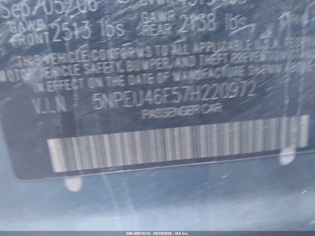 2007 Hyundai Sonata Limited/limited W/xm/se/se W/xm მანქანა იყიდება აუქციონზე, vin: 5NPEU46F57H220972, აუქციონის ნომერი: 45910315