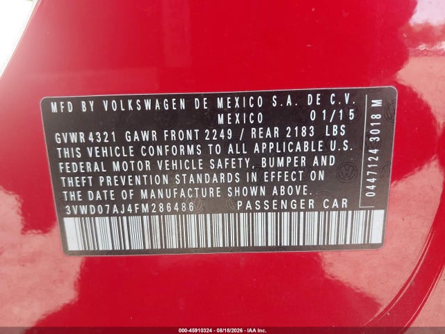 Продаж на аукціоні авто 2015 Volkswagen Jetta 1.8t Se, vin: 3VWD07AJ4FM286486, номер лоту: 45910324