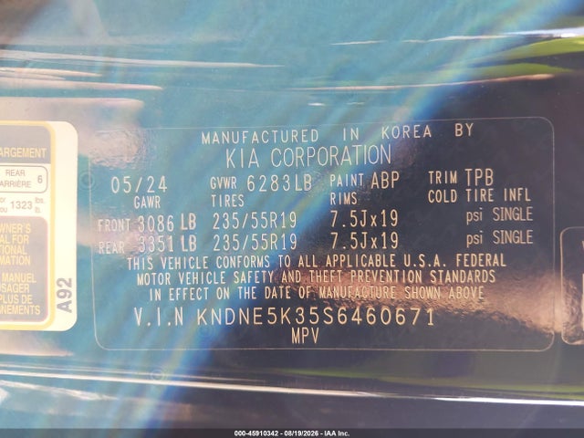 45910342 :رقم المزاد ، KNDNE5K35S6460671 vin ، 2025 Kia Carnival Mpv Sx مزاد بيع