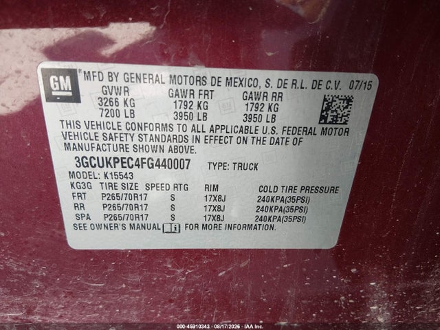 2015 Chevrolet Silverado 1500 Work Truck მანქანა იყიდება აუქციონზე, vin: 3GCUKPEC4FG440007, აუქციონის ნომერი: 45910343