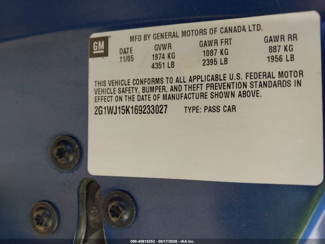2006 Chevrolet Monte Carlo Ls მანქანა იყიდება აუქციონზე, vin: 2G1WJ15K169233027, აუქციონის ნომერი: 45910352