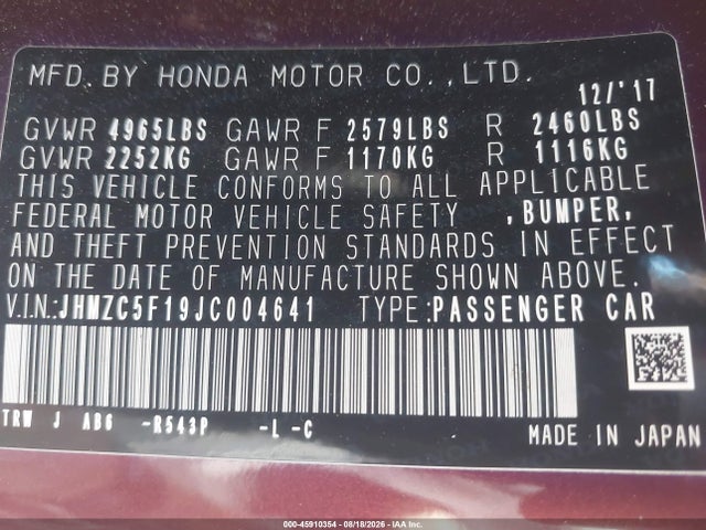 JHMZC5F19JC004641 Honda CLARITY PLUG-IN HYBRID