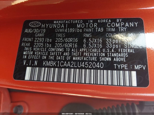 Продаж на аукціоні авто 2020 Hyundai Kona Se, vin: KM8K1CAA2LU452040, номер лоту: 45910361