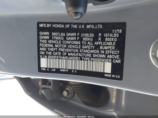 45910373 :رقم المزاد ، SHHFK7H44KU405351 vin ، 2019 Honda Civic Sport مزاد بيع