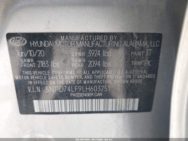 Auction sale of the 2020 Hyundai Elantra Se, vin: 5NPD74LF9LH603251, lot number: 45910390