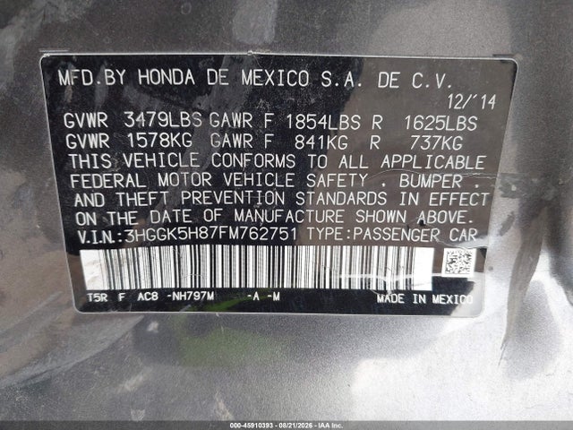 Продаж на аукціоні авто 2015 Honda Fit Ex/ex-l, vin: 3HGGK5H87FM762751, номер лоту: 45910393