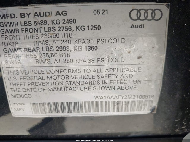 Продажа на аукционе авто 2021 Audi Q5 Premium 45 Tfsi Quattro S Tronic, vin: WA1AAAFY2M2109519, номер лота: 45910396