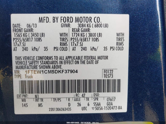 45910400 :رقم المزاد ، 1FTEW1CM5DKF37904 vin ، 2013 Ford F-150 Xlt مزاد بيع