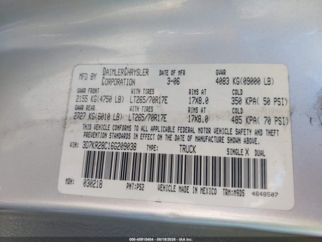 Aukcja sprzedaży 2006 Dodge Ram 2500 Slt/sport, vin: 3D7KR28C16G209038, numer aukcji: 45910404