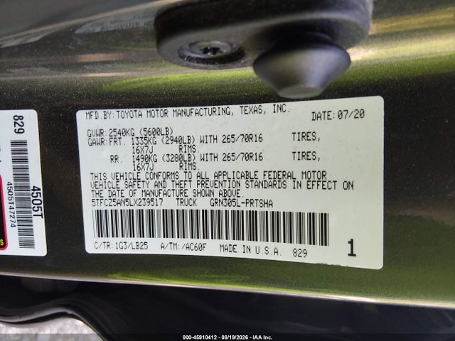 2020 Toyota Tacoma Trd Pro მანქანა იყიდება აუქციონზე, vin: 5TFCZ5AN5LX239517, აუქციონის ნომერი: 45910412