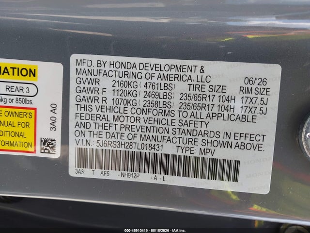 Продаж на аукціоні авто 2026 Honda Cr-v Lx 2wd, vin: 5J6RS3H28TL018431, номер лоту: 45910419