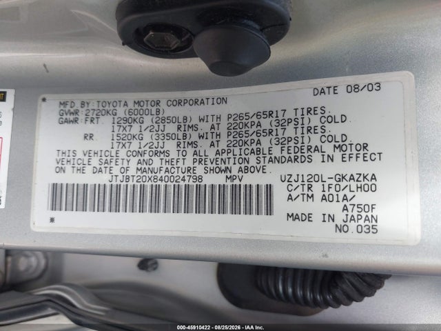 Продажа на аукционе авто 2004 Lexus Gx 470, vin: JTJBT20X840024798, номер лота: 45910422