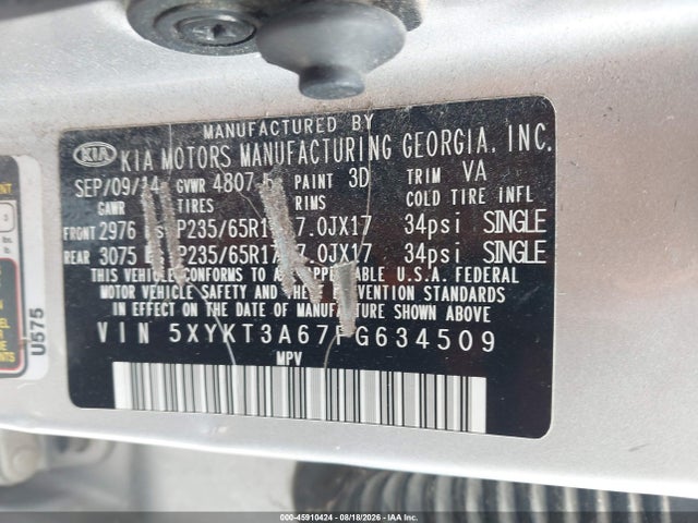 45910424 :رقم المزاد ، 5XYKT3A67FG634509 vin ، 2015 Kia Sorento Lx مزاد بيع