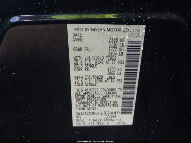 45910445 :رقم المزاد ، 5N1AZ2CJ0LN133449 vin ، 2020 Nissan Murano Sl Fwd مزاد بيع