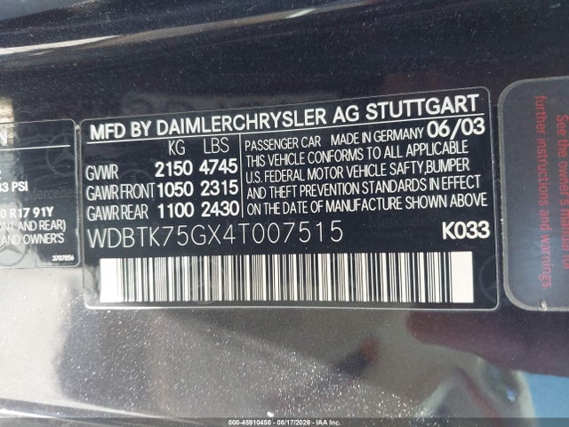 Продажа на аукционе авто 2004 Mercedes-benz Clk 500, vin: WDBTK75GX4T007515, номер лота: 45910450