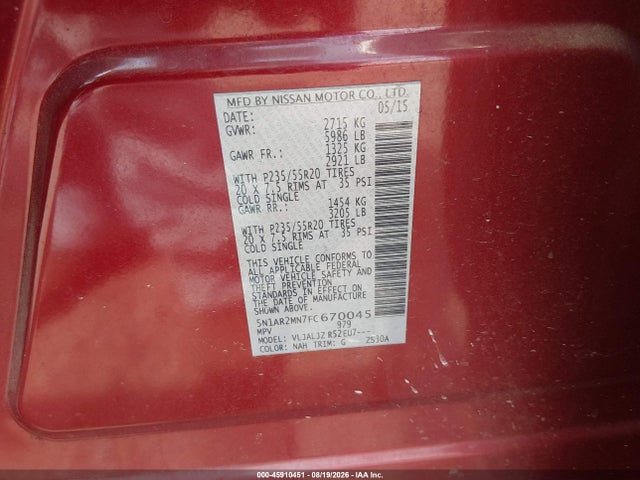 Продаж на аукціоні авто 2015 Nissan Pathfinder Platinum, vin: 5N1AR2MN7FC670045, номер лоту: 45910451