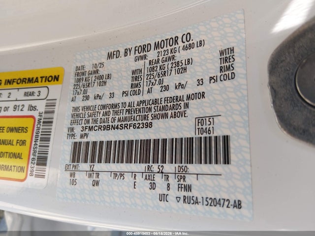 45910453 :رقم المزاد ، 3FMCR9BN4SRF62398 vin ، 2025 Ford Bronco Sport Big Bend مزاد بيع