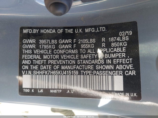 Honda CIVIC EX 2019 SHHFK7H65KU415159 Image 9
