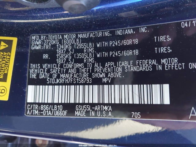 5TDJKRFH7FS158793 Toyota Highlander Xle V6