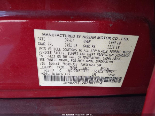 2008 Nissan Maxima 3.5 Se მანქანა იყიდება აუქციონზე, vin: 1N4BA41E78C807316, აუქციონის ნომერი: 45910464