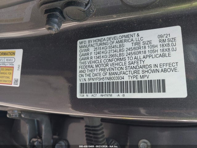 Продаж на аукціоні авто 2022 Honda Pilot 2wd Ex-l, vin: 5FNYF5H51NB003934, номер лоту: 45910469